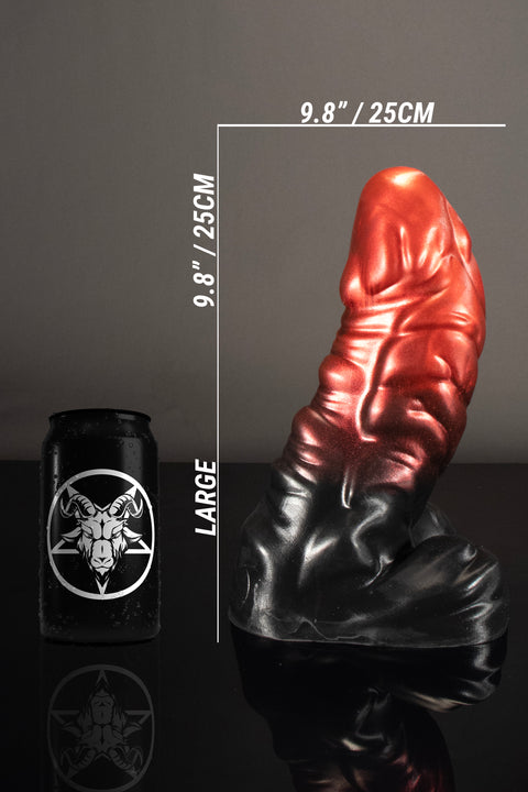 A size comparison of a large dragon dildo next to a tin can. 