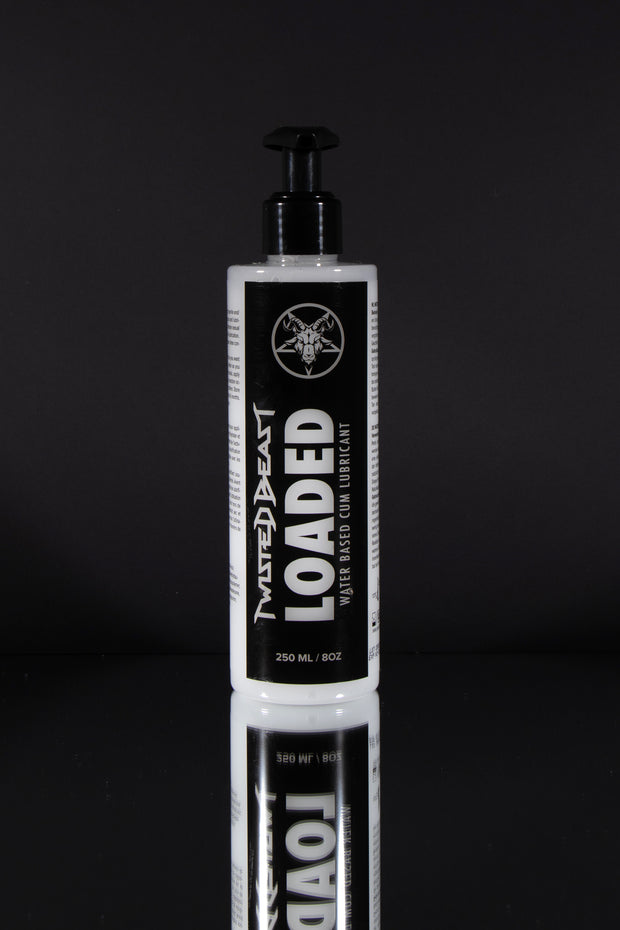 A product photo of a large bottle of cum lube, made by Twisted Beast.