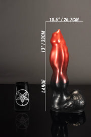A size comparison photo of large dog dildo next to a tin can.