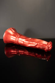 A product photo of a red coloured horse dildo. 