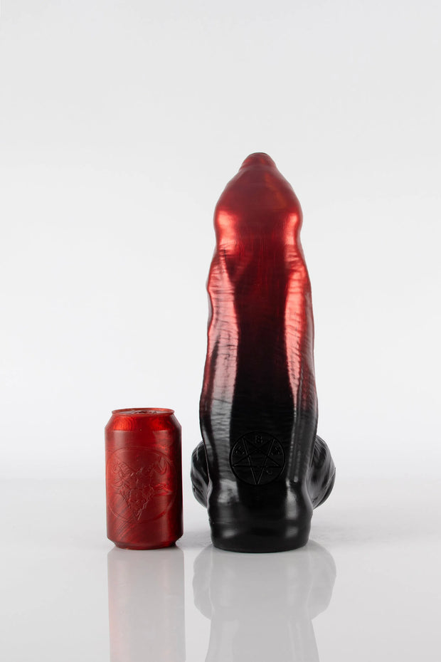 A product photo of a XXL demon dildo in ombre by Twisted Beast.