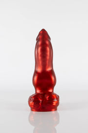 A product photo of a red dog dildo taken from the front.