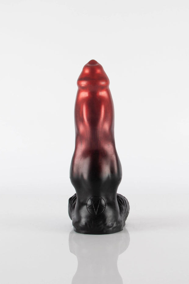 A product photo of a dog dildo taken from behind showing off a pentagram.