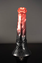 A product photograph of the back of a Orobas horse dildo by Twisted Beast in Demon Blood ombre colour.