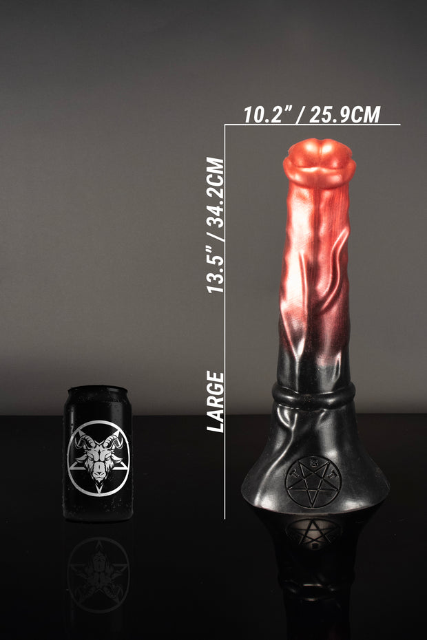A product photo and size comparison of a large Twisted Beast horse dildo.