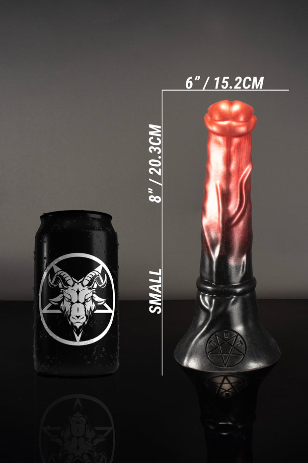A size comparison of a small Orobas horse dildo next to a black tin can.