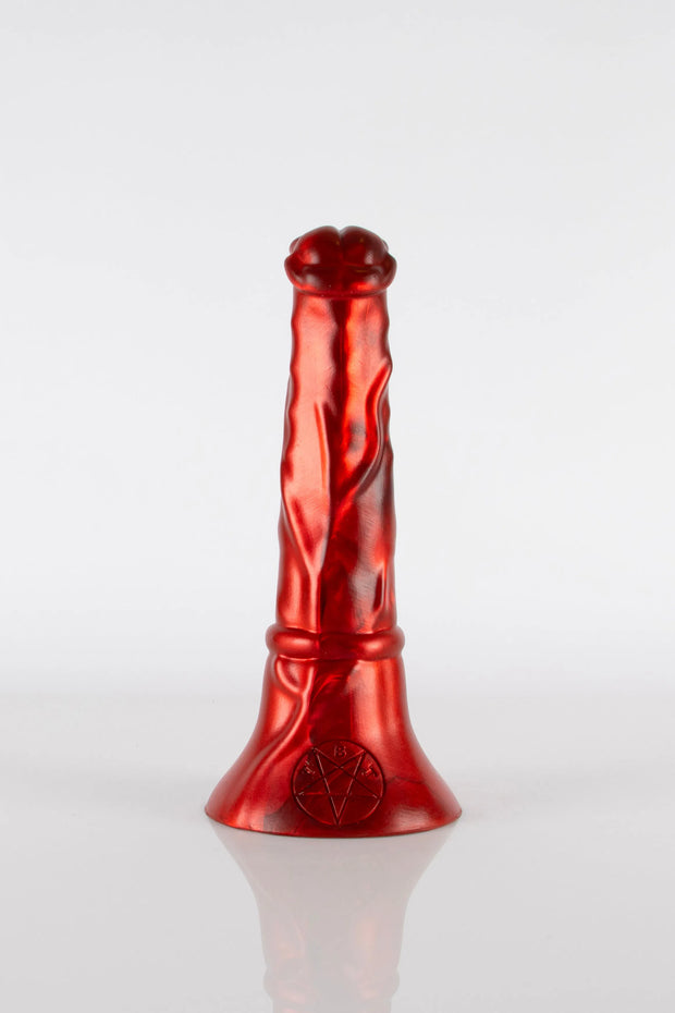 A product photo of a red horse dildo taken from behind.