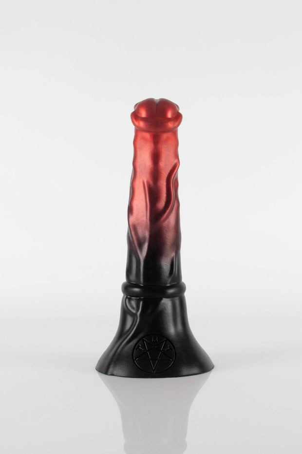 A photo of a horse dildo taken from the back showing the pentagram logo of Twisted Beast.