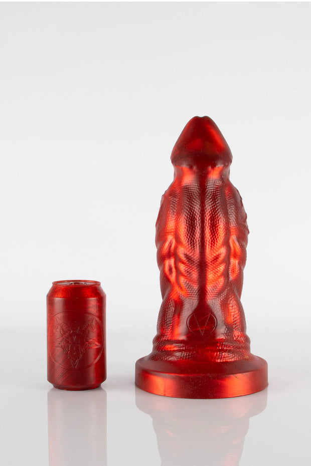 A product photo of a red XL (extra large) reptile dildo.